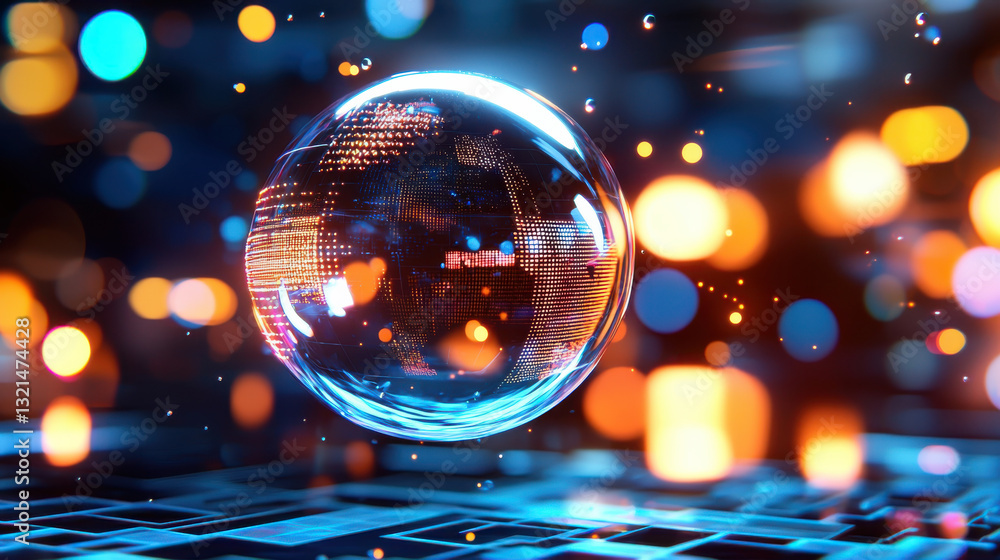 Poster soap bubble floats gently, reflecting colorful lights and intricate patterns, creating mesmerizing v