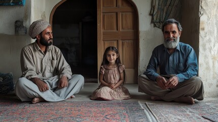 Fototapeta premium Afghan Family Portrait Girl with Grandparents