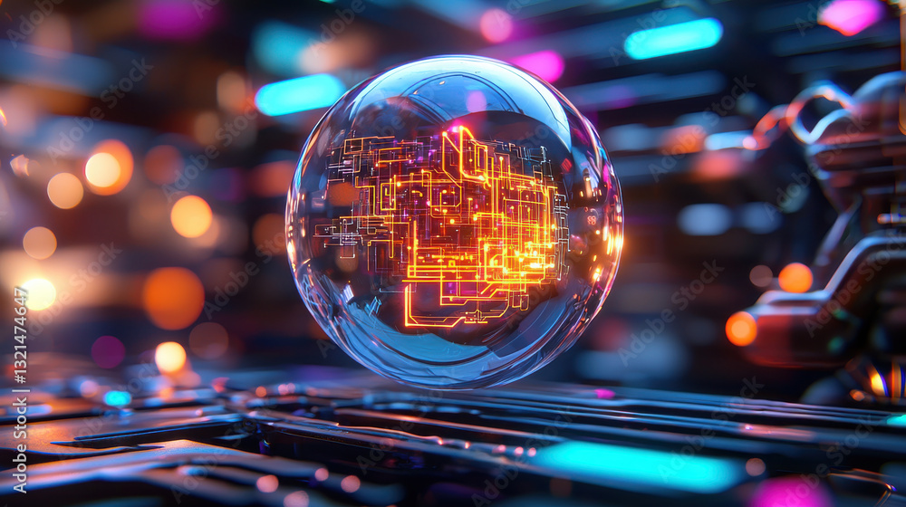 Poster translucent bubble floats in air, showcasing intricate circuitry within. vibrant colors and glowing 
