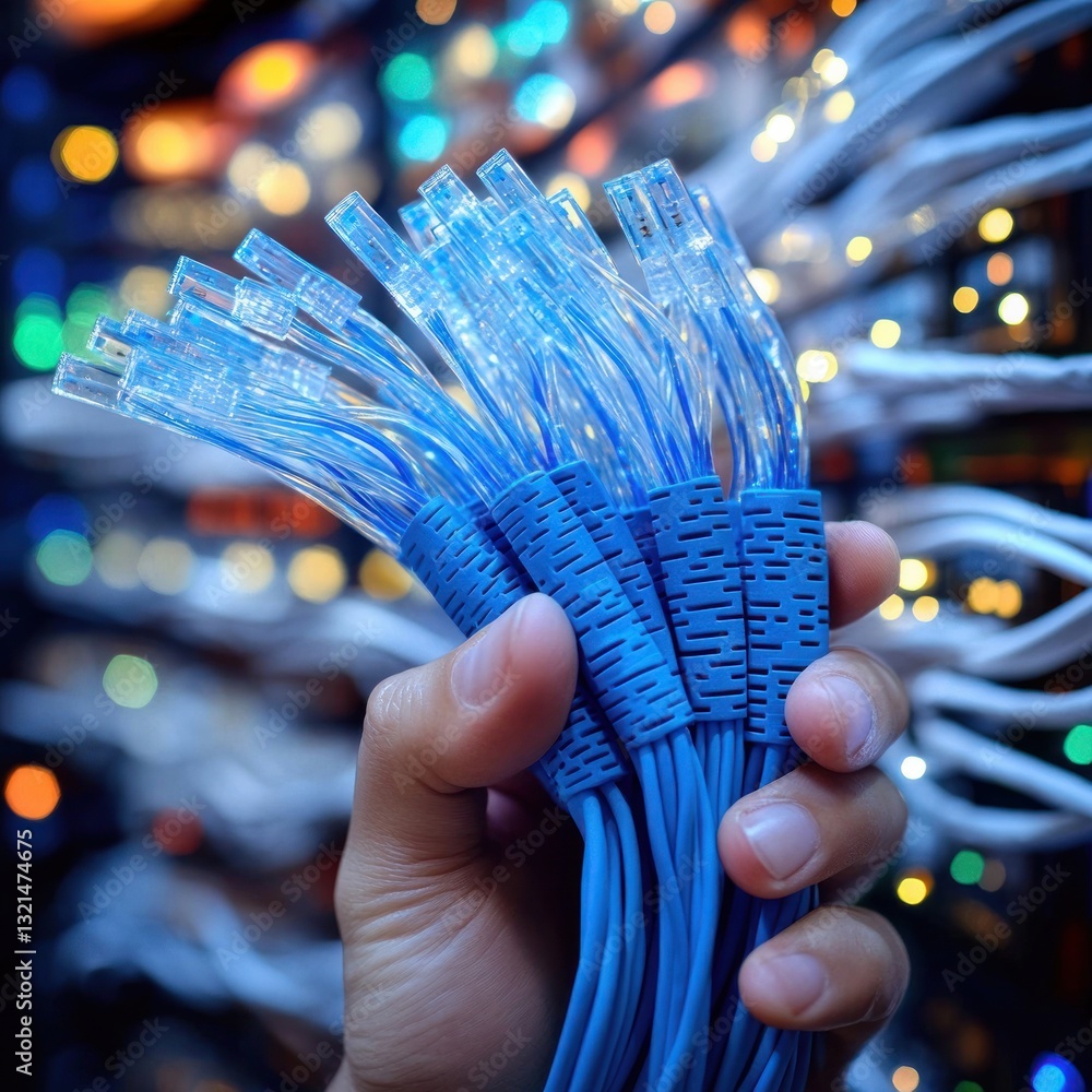 Poster hyper-realistic hand holding blue ethernet cables with white wire tangle background for computer net