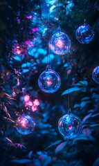 Enchanting garden illuminated with celestial glass orbs and vibrant botanical foliage