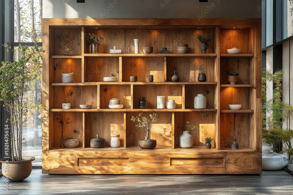 Poster rustic wooden shelf filled with decorative pottery and plants illuminated with warm light creating a