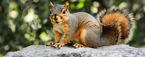 Fototapeta premium A curious squirrel with a fluffy tail sits on a rock