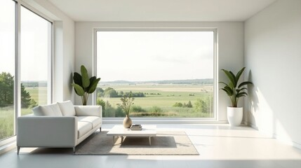 Modern minimalist living room design featuring a light-colored sofa, a simple coffee table, and large windows offering an expansive view of a tranquil landscape
