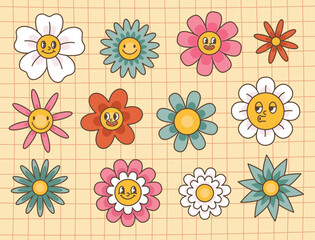 Hello spring, groovy Flowers.Retro characters, 70s.Cartoon vector illustration