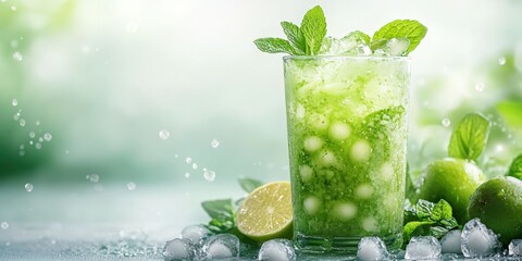 Refreshing mint and lime beverage served over ice, perfect for summer gatherings in a bright setting