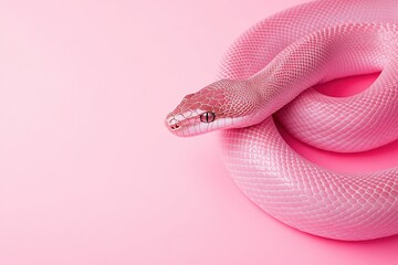 Fototapeta premium A pink snake is curled up on a pink background. , with ample copy space for text.