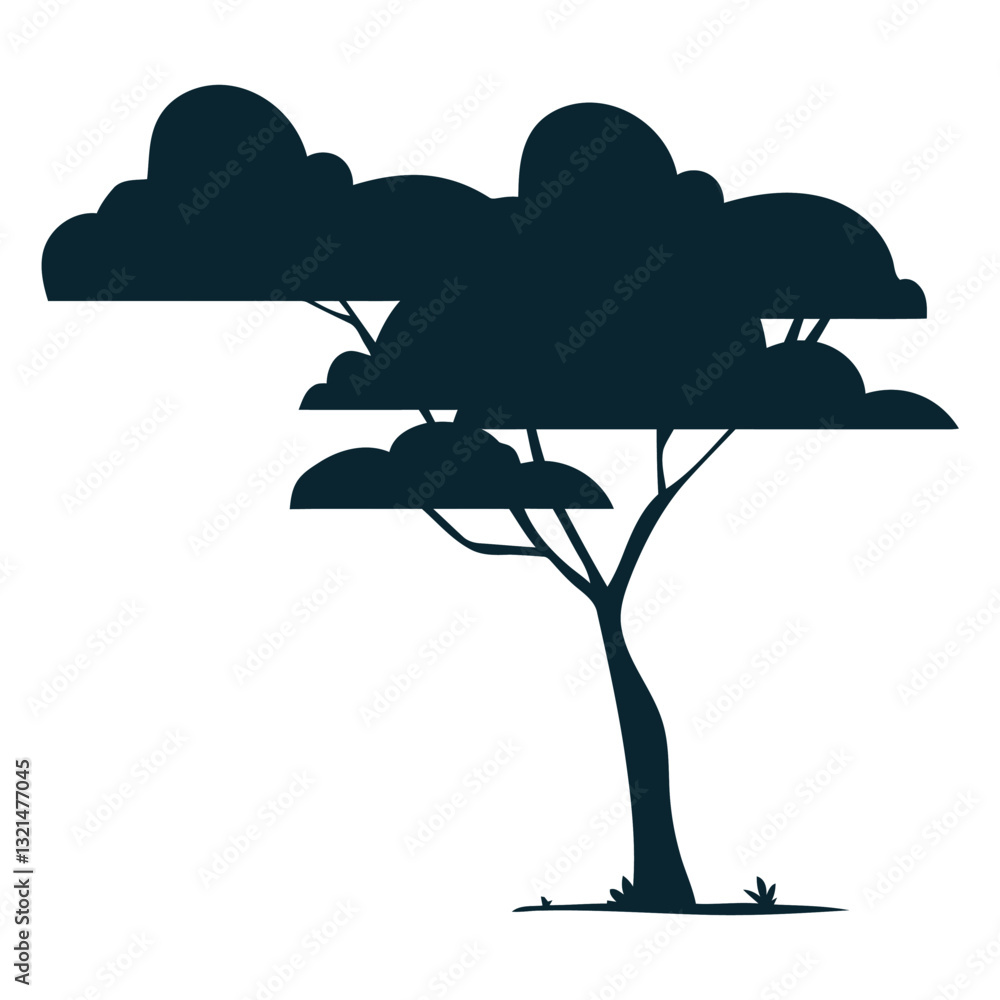 Poster silhouette tree: dark silhouette of a tree with multiple branches and rounded leaves, standing again