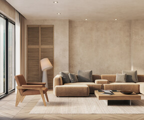 Contemporary interior design of the living room in soft neutral tones. Interior mockup, 3d render
