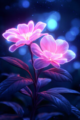Vibrant glowing flowers with soft petals illuminated in serene dark background.