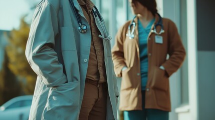 Fototapeta premium Doctors in Lab Coats Outdoors Healthcare Professionals