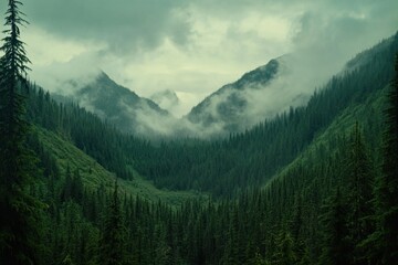 Fototapeta premium Misty mountain valley with evergreen forest.