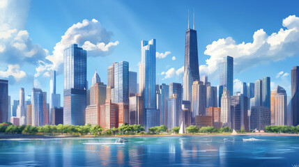 Fototapeta premium A vibrant downtown cityscape featuring towering skyscrapers with sleek glass facades, embodying modern metropolitan architecture