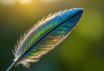 Hummingbird Feather Under High Magnification, Vibrant Green and Blue,Blurred Natural Background
