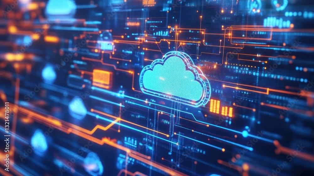 Poster futuristic digital cloud computing network with glowing connections and data streams, illustrating t