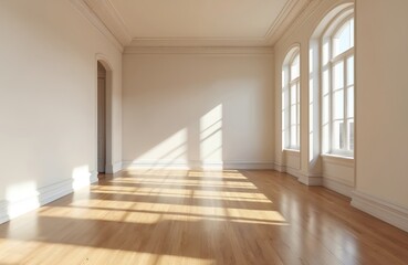 Fototapeta premium Large empty room with white walls, wooden floors, arched windows, sunlight. Clean minimalist style interior with parquet. Modern architecture. Scandinavian residential space, comfortable estate with