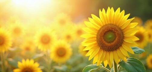 Sunflowers field with sunlight, sunbeams. Close-up of bright yellow petals in horizonatal orientation. Summer sunny backdrop, floral meadow. Blossoming agriculture daisy cultivation. Gold rural