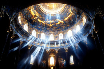 Obraz premium Sunbeams illuminate a grand ornate dome and arched windows in a historic buildings interior Religious paintings adorn