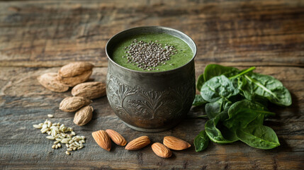 A vibrant green smoothie in a silver cup, surrounded by almonds, spinach leaves, and seeds on a rustic wooden surface.