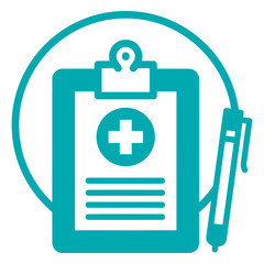 Obraz premium Medical Clipboard Icon: Illustrative of a medical clipboard with a health symbol and pen, symbolizing health and care, against a minimalistic backdrop. 