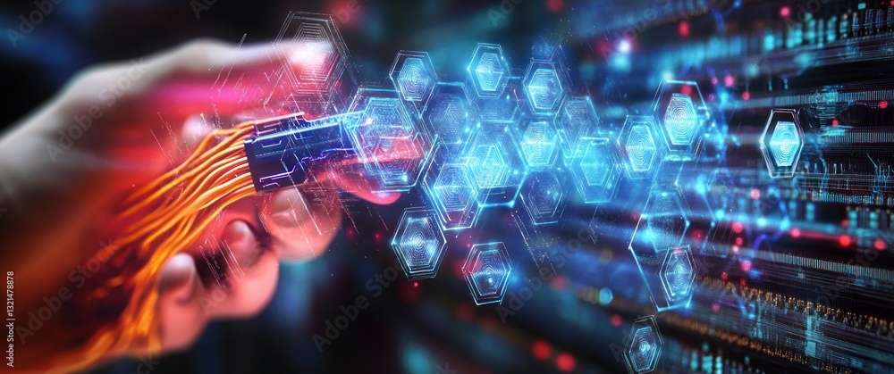 Poster futuristic hand holding ethernet cables with holographic technology icons for computer networking an
