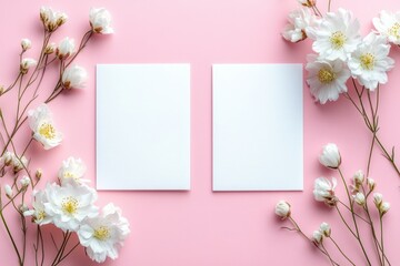 Elegant wedding invitation card mockup with white blank cards and tulips on a pastel pink background