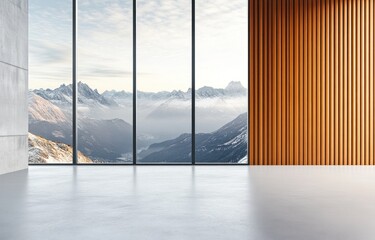 Modern empty room with panoramic mountain view.