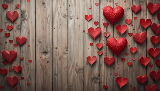 Red Paper Hearts on Rustic Wooden Background