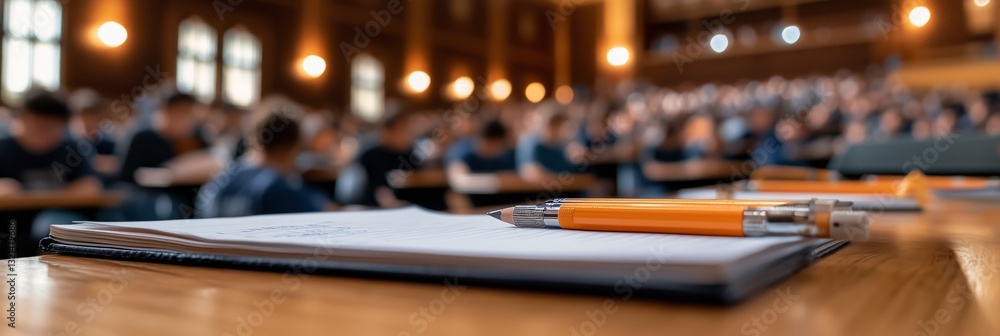 Aufkleber a notebook and pencil on a desk in a lecture hall full of students.