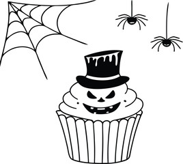 Halloween Cupcake With Witch Hat, Spider Webs, and Bats Illustration