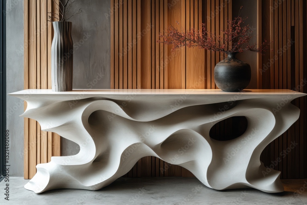 Poster abstract console table with flowing sculptural design complemented by vases and a warm paneled backd