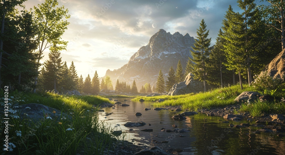 Poster a beautiful mountain landscape with a river running through it. the sky is cloudy and the sun is set