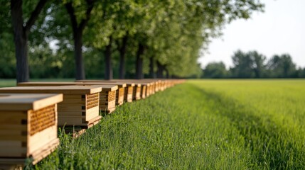 Fototapeta premium A vibrant array of beehives sits in a green meadow surrounded by trees, displaying a lively summer scene full of bees