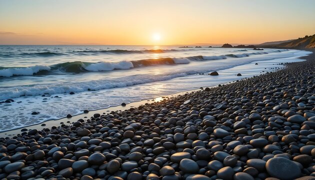 Sunset Over Pebble Beach: Golden Light Reflects on Dark Wet Stones