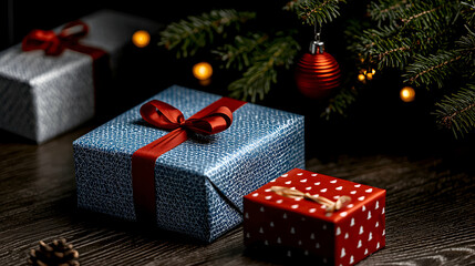 Decorated gifts are placed under a festive evergreen Christmas tree