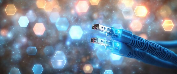 Futuristic Ethernet Cables with Hexagonal Digital Icons and Glowing Effects for Networking Devices and Cloud Computing