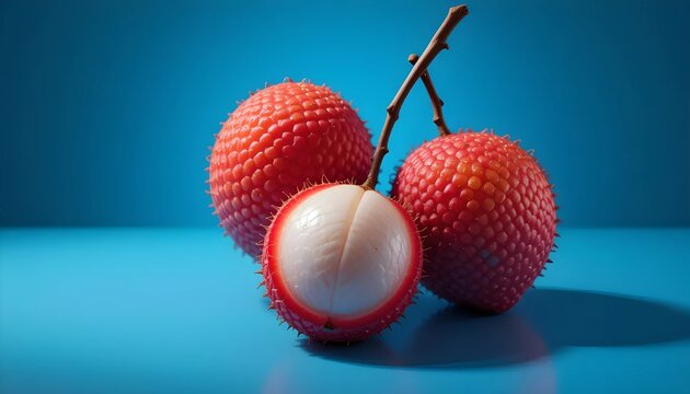 Three Ripe Lychees on a Blue Surface