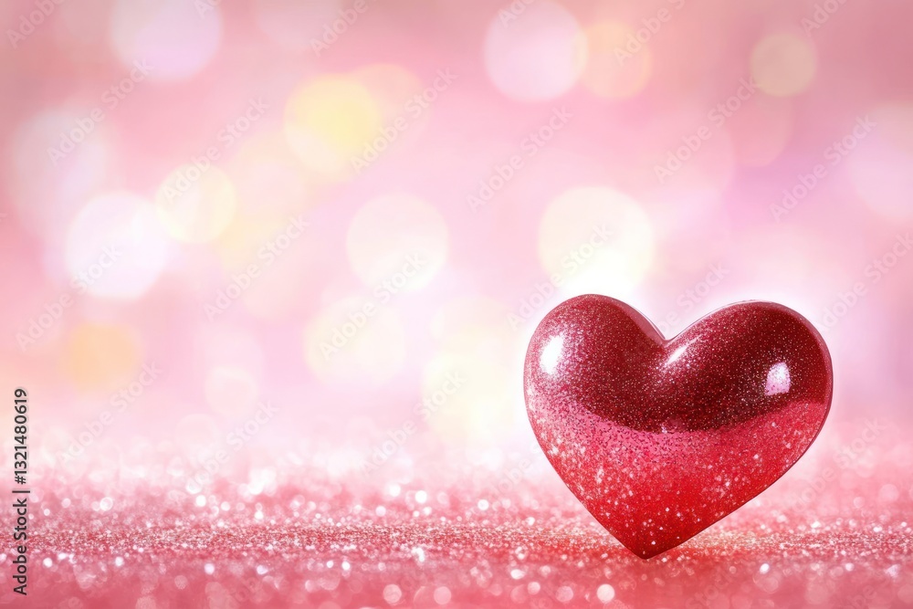 Poster a shimmering red heart-shaped ornament sits on a sparkling pink surface, surrounded by a soft bokeh 