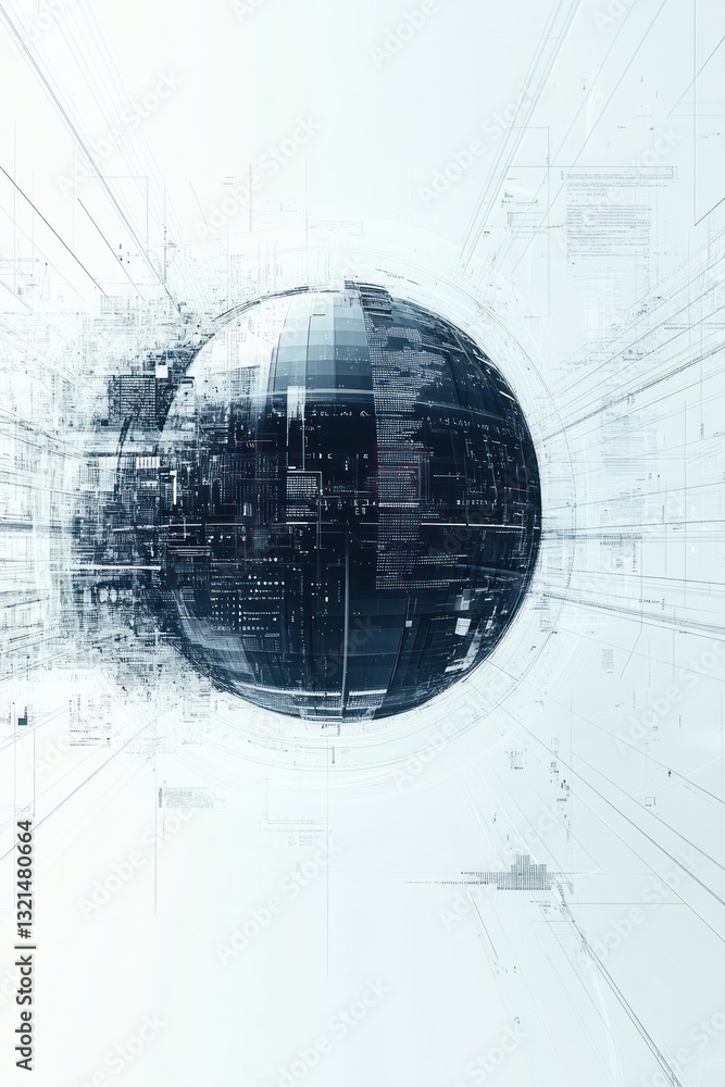 Poster abstract representation of a futuristic digital sphere surrounded by dynamic lines and data elements