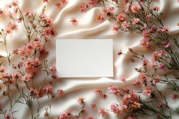 Obraz premium Minimalist Greeting Card Mockup with Dried Flowers on Beige Background for Invitations and Stationery