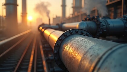 Close-up of industrial pipes with steam rising at sunrise. Refinery pipes, fuel. Energy generation process. Power, infrastructure, engineering, technology. Metal construction with safety system,