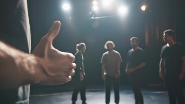 Entertainment production showing a director giving positive feedback with a thumbs up gesture to a group of actors on a theater stage during a rehearsal