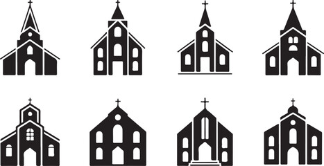 Black church tower silhouette vector icon depicts architectural building design