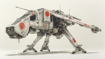 Watercolor illustration of a futuristic quadrupedal vehicle, predominantly white with red circular markings, appearing weathered and worn, set against a light beige background.