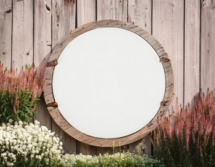 Blank white rustic wooden circle garden sign with floral foreground. Empty rustic wood board on wooden fence with flowers. Mockup for home, garden, and business display.