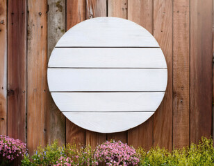 Blank white rustic wooden circle garden sign with floral foreground. Empty rustic wood board on wooden fence with flowers. Mockup for home, garden, and business display.