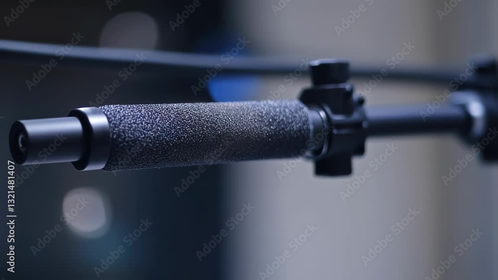 Poster close up on a microphone boom pole rotating, showcasing its textured grip and precise movements with