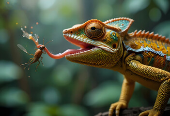 A Chameleon’s Sticky Tongue Extending At High Speed, Wrapping Around a Hovering Insect,Blured Nature Background Macro Image