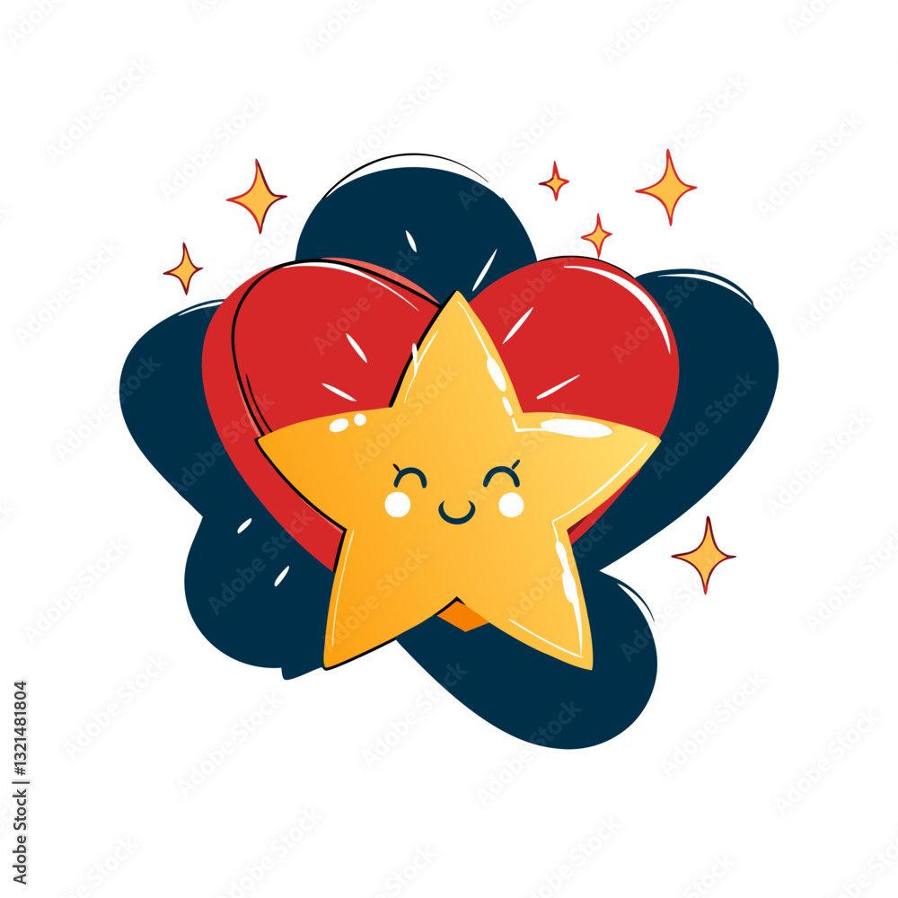 Aufkleber cute stylized vector illustration of a smiling star with a heart in the background, surrounded by sp