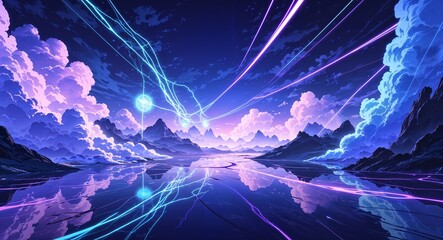 Cyan purple Abstract pure energy with electrical electricity plasma power fusion anime on background illustration